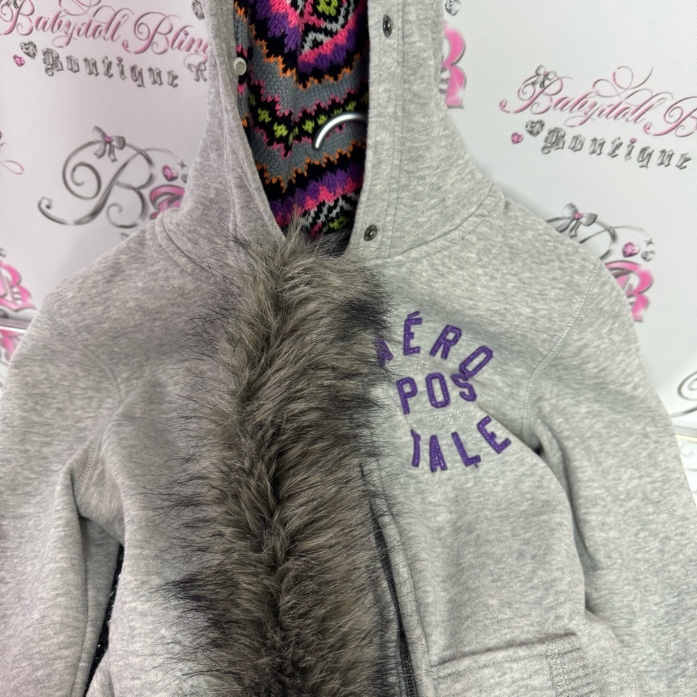 Aeropostale hoodie fur trim hood knit crochet neon inside hood zip up sweater - Picture 6 of 14